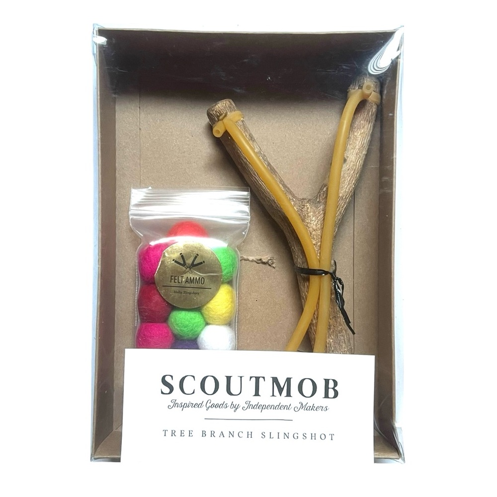 BRAND NEW SCOUTMOB x HELLA SLINGSHOTS TREE BRANCH SLINGSHOT W/ FELT BALL “AMMO”